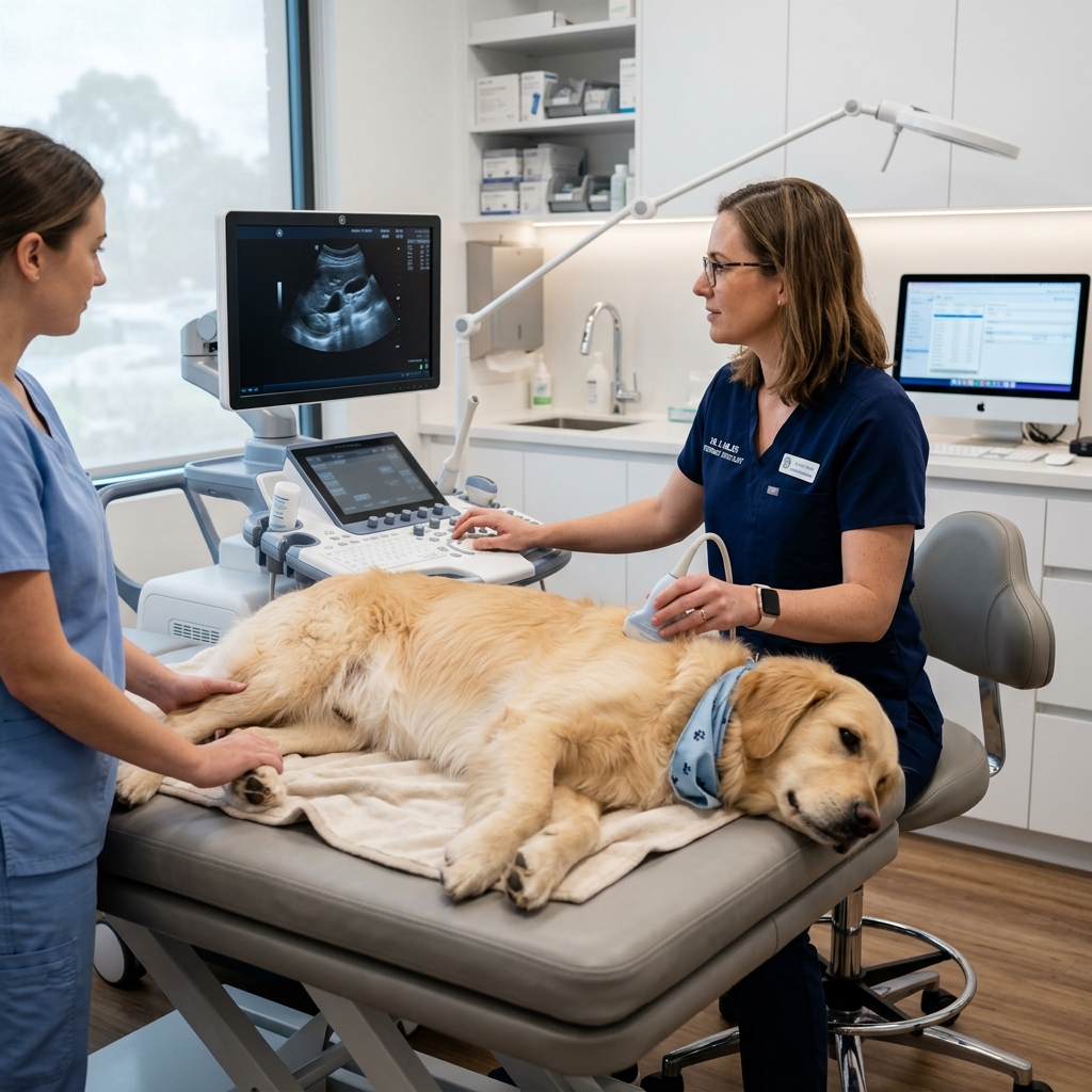 Veterinario profesional realizando diagnóstico por imagen